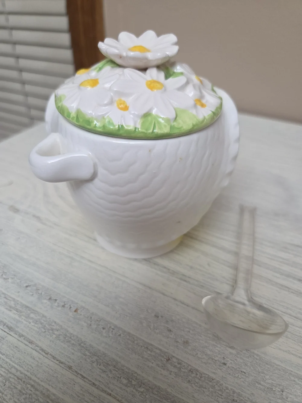 Vintage Enesco  Winking Kitty Jam Jar with Daisy Lid - Yellow & Pink